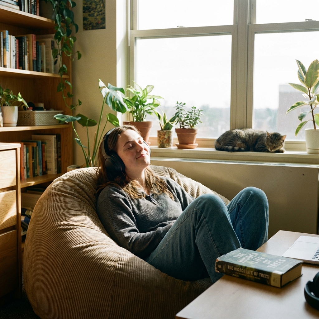 Estudiante escuchando audiolibro