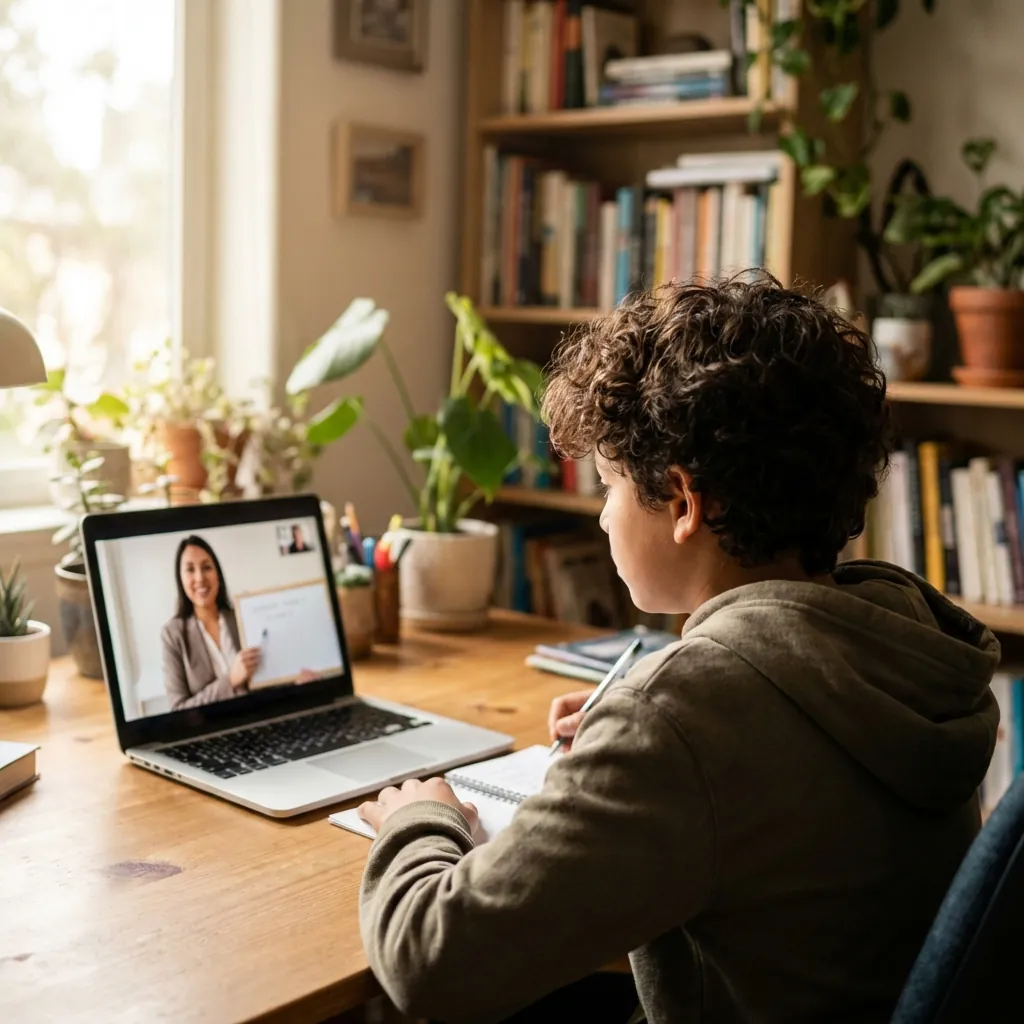 Clase virtual en vivo con docente y estudiante en entorno real